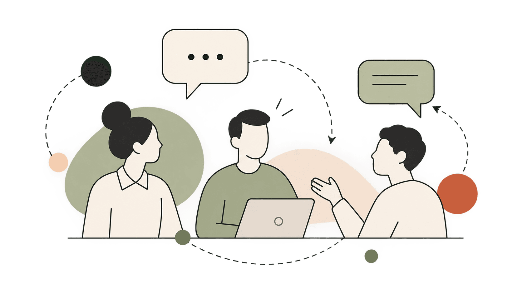 Illustration of three people collaborating around a laptop with conversation bubbles.